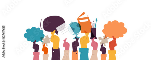 Hands holding different school elements: chat bubbles, puzzles, books, pens.