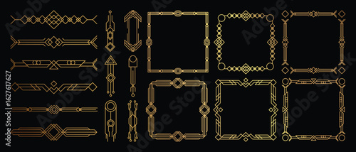 Geometric art deco ornament vector set. Luxury golden decorative elements with different lines, frames, headers, dividers and borders. Set of elegant design suitable for card, invitation, poster.