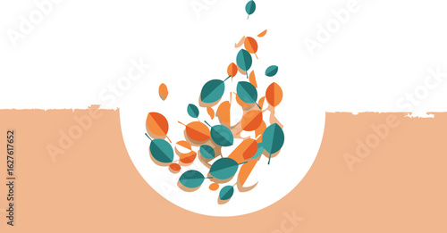 Abstract design of falling leaves in autumnal colors with a soft peach background. A cluster of orange, teal and cream colored leaves in a circular arrangement against a subtle gradient background.