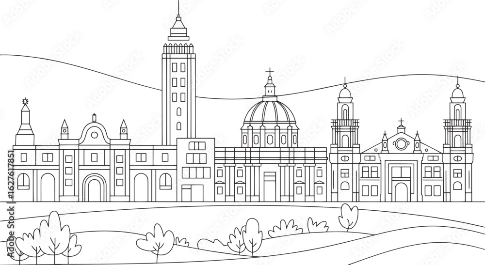 Fototapeta premium Detailed Zaragoza Skyline Outline Vector Illustration Depicting Spanish Cityscape with Landmarks