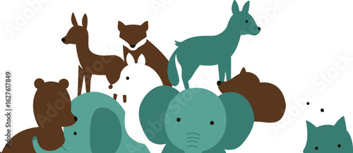 Cute woodland animals in a stylized, cartoon-like depiction. Animals clustered together in a friendly, playful pose against a neutral background.