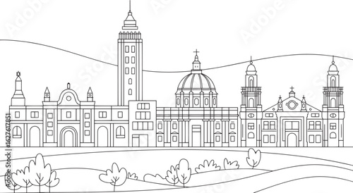 Detailed Zaragoza Skyline Outline Vector Illustration Depicting Spanish Cityscape with Landmarks