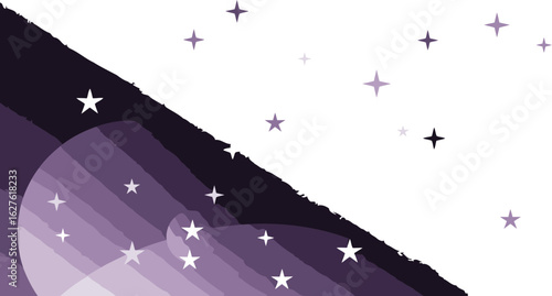 Abstract night sky with scattered stars and gradients of purple/dark colors. Abstract geometric shapes and light effects creating depth and movement.