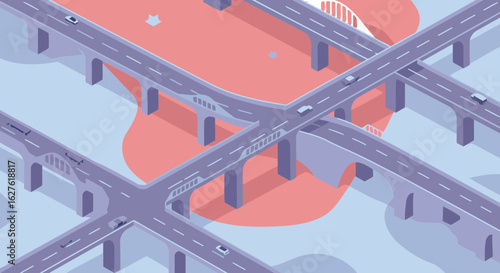 Isometric city highway bridge network with flowing roads and various vehicles. Elevated view showing complex highway intersections and underpasses.