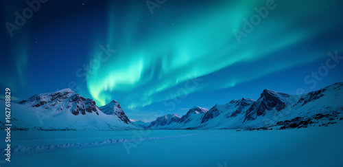 the aurora borealis above the ice glacier are behind the pointed snow peaks