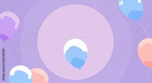 Pastel colored balloons floating in a purple background with a circle shape. Colorful party balloons suspended in the air against a muted backdrop.