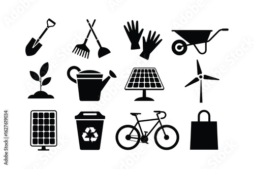 Gardening tools solar power wind turbine bicycle recycling bin shopping bag shovel