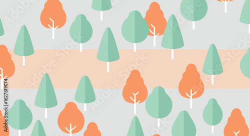 Forest scene with pastel-colored trees in a simple, flat design. Colorful trees arranged in a repeating pattern across a light-colored landscape.
