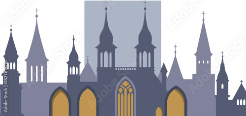 Silhouette of religious architecture in a European city. Cityscape of historical religious buildings in muted colors, with ornate spires and architectural details.