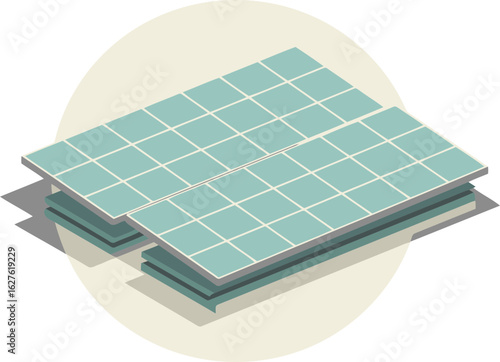 Solar panel system illustration with neutral background. Isometric view of layered panels with light teal color. Architectural design for renewable energy with neutral background -