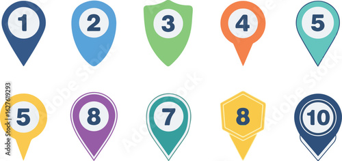 Colorful location markers, numbered one through ten, displayed in a row.