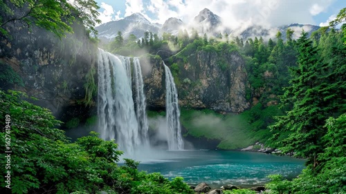 Majestic waterfall cascading into a turquoise pool surrounded by lush green forest and misty mountains in the background.