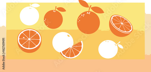 Citrus fruit silhouettes in various forms against a pastel yellow-orange gradient background. Whole and sliced oranges displayed in a stylized manner, featuring a simple aesthetic.