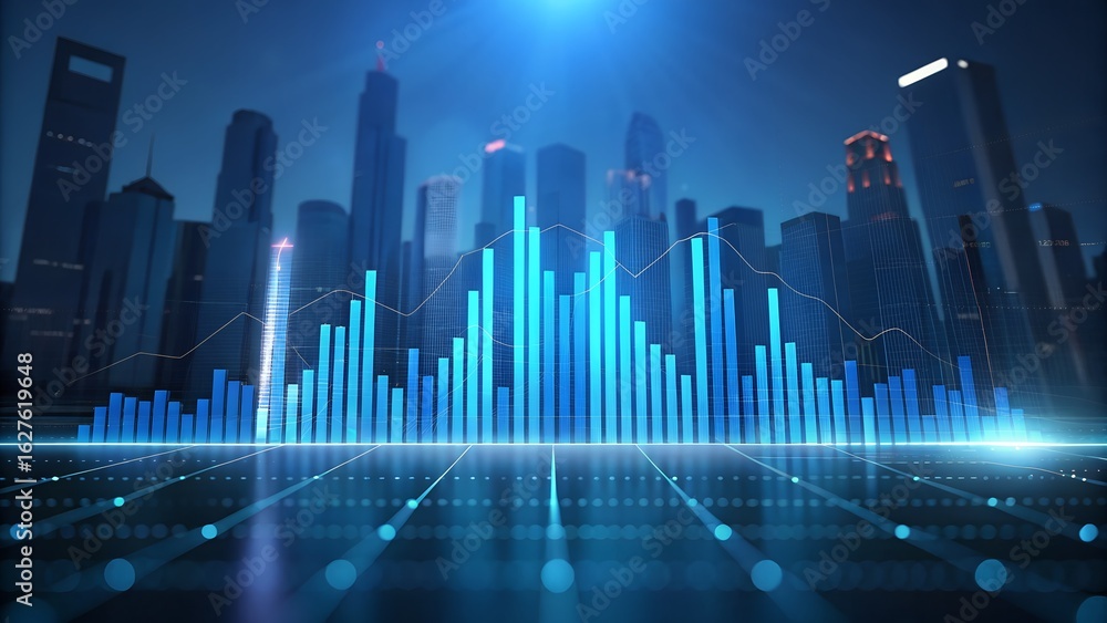 Fototapeta premium Futuristic cityscape with glowing blue data visualization