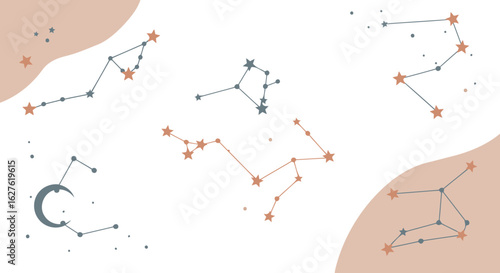 Abstract constellation patterns in muted tones on a neutral backdrop. Simple shapes with a minimalist aesthetic.
