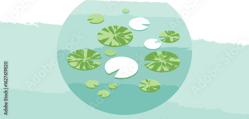Lily pad design with no people/animals in a light teal/mint green background. Floating lily pads in a stylized aquatic scene.