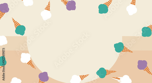 Colorful ice cream cones with assorted flavors in a summery, graphic design. A pattern of ice cream cones in various colors floats against a light beige background with a large central circle.