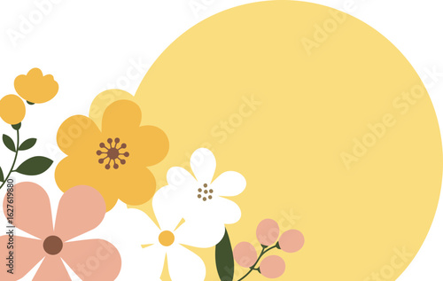 Pastel flowers in yellow, pink, and white with greenery in a corner arrangement against a light yellow background. Abstract floral design with minimalist style for a design element.