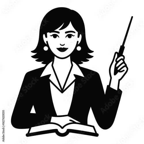 Professional female teacher or educator presenting with pointer in black and white vector illustration great for educational resources