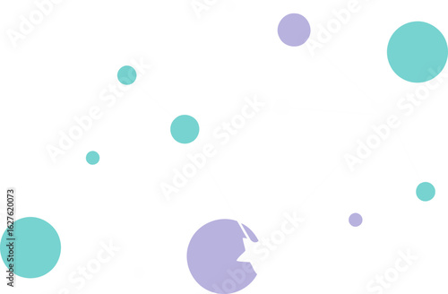 Abstract cosmic design with interconnected celestial bodies in teal and lavender hues. Floating constellation formations against a dark night sky background.