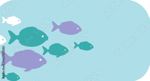 Fish silhouettes in teal, lavender, and white swimming in a light blue aquatic background. Silhouette of multiple fish in various sizes and colors, showcasing a sense of movement and school of fish.