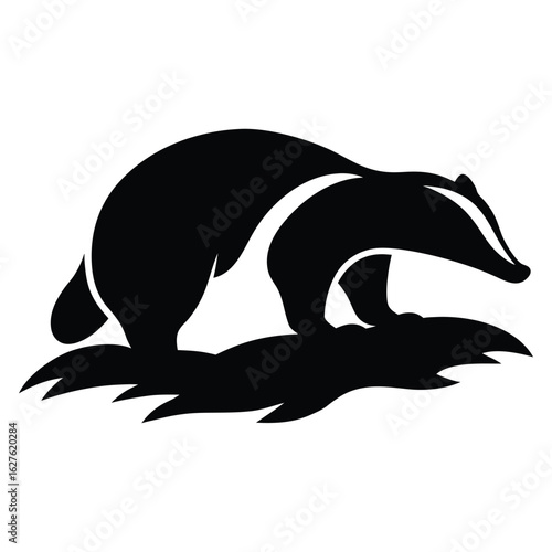Black silhouette of a badger with white stripes on a white background black and white animal