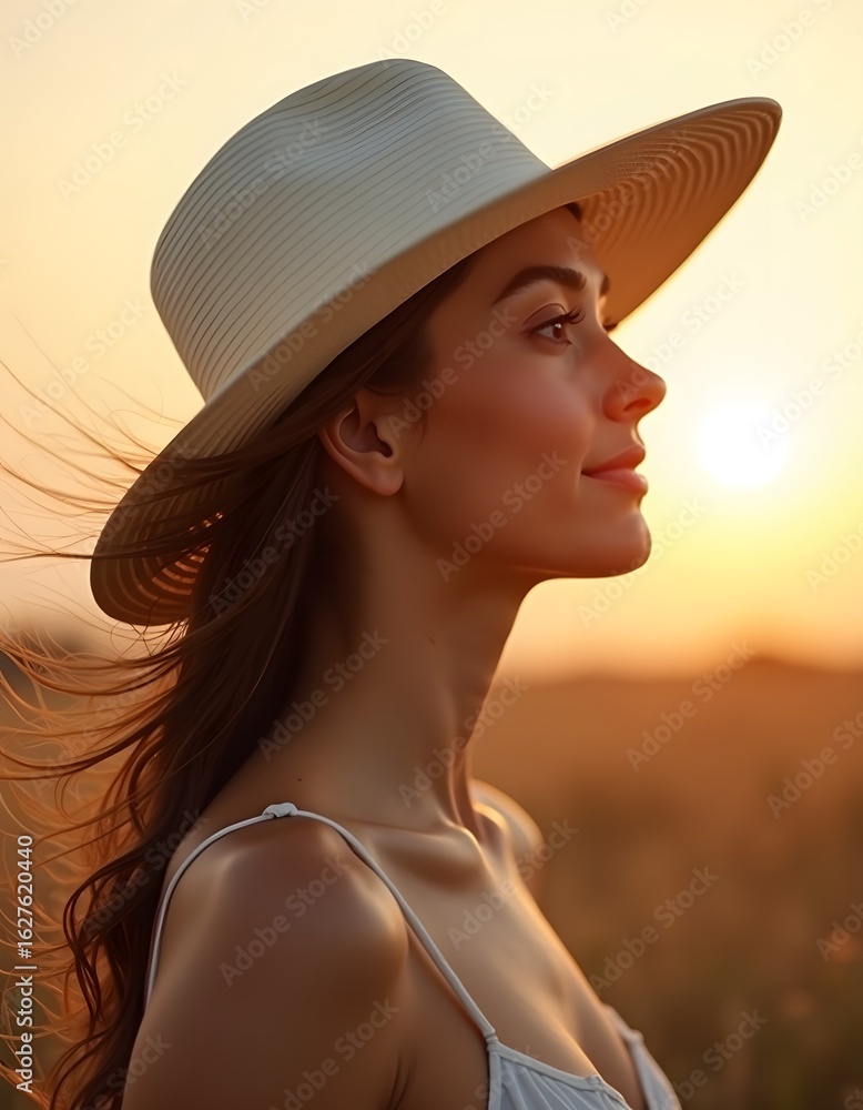 Woman in hat looking at sunset in profile Woman in hat looking at sunset in profile