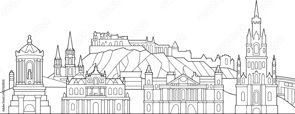 Obraz premium Edinburgh Skyline Silhouette Vector Illustration A Detailed Outline of the Scottish Capital Cityscape