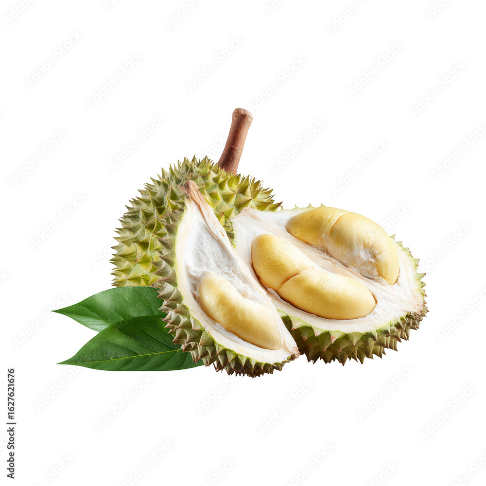 Naklejka premium Ripe durian fruit, halved, with leaves