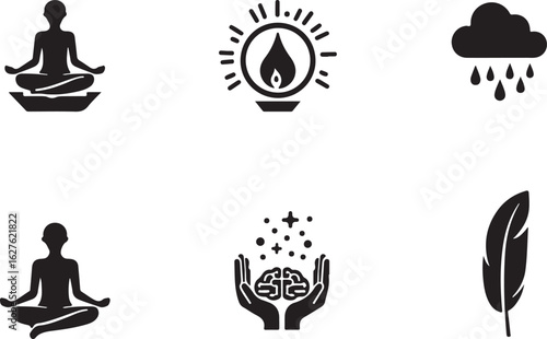 Serene meditation, bright ideas, and gentle rain icons