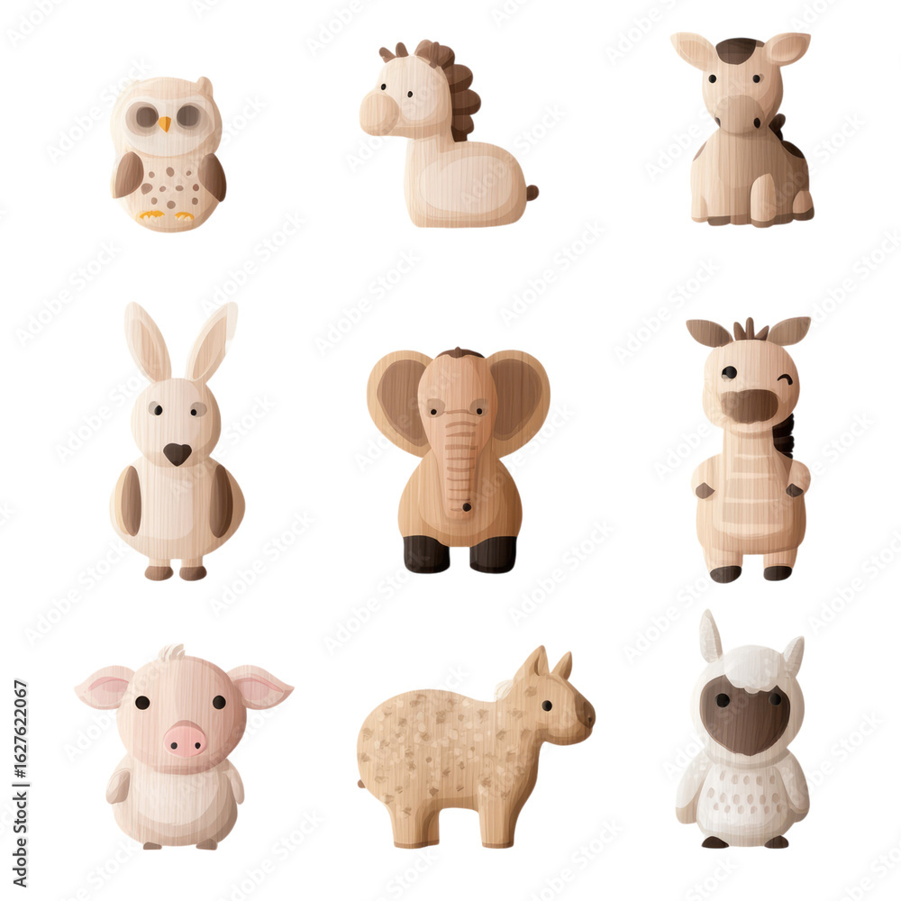 Wooden Animal Toys Collection on isolated transparent cutout PNG Background Wooden Animal Toys Collection on isolated transparent cutout PNG Background