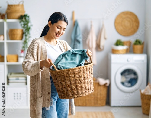 A woman folding warm clothes in a laundry room with a dryer in the background,