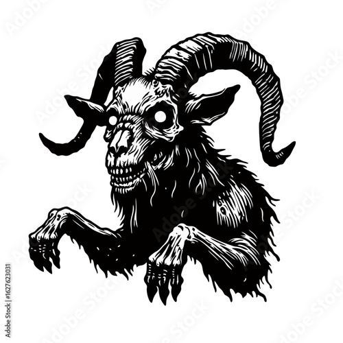 Zombie Goat Illustration in Black and White Transparent Background