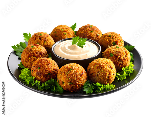 Plate of chickpeas falafel with tahini sauce isolated on transparent png