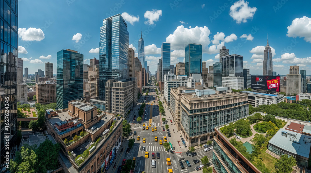 Obraz premium Panoramic aerial view of a bustling city street with tall skyscrapers under a bright blue sky with fluffy clouds. Yellow taxis fill the road.