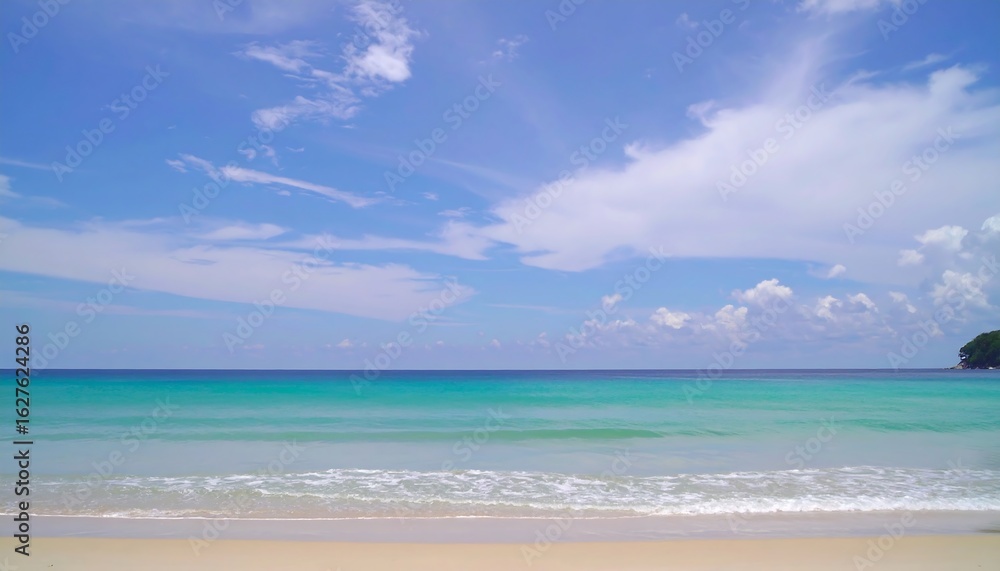Fototapeta premium Serene beach scene with turquoise water lapping gently on the shore under a bright, partly cloudy sky
