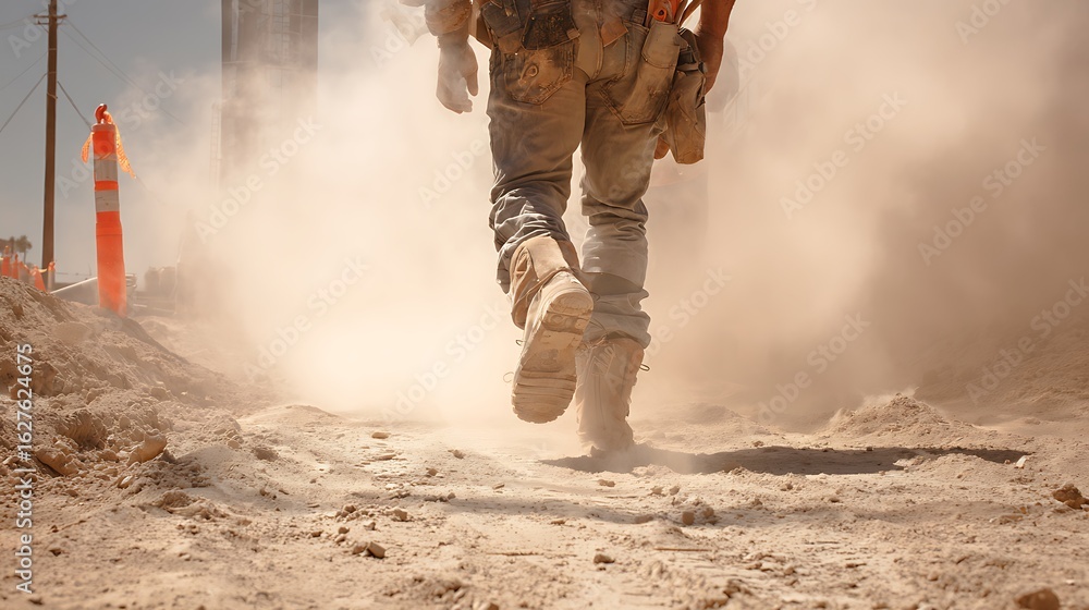 Fototapeta premium Worker Walking Through Dust at Construction Site