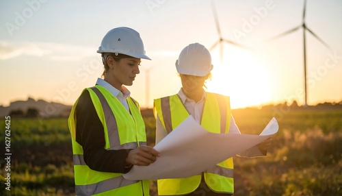 Wind Farm Engineers Reviewing Blueprint at Sunset, Sustainable Energy Project