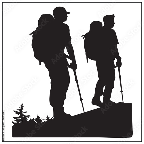 Vector art of silhouettes of two hikers with backpacks on a mountain trail