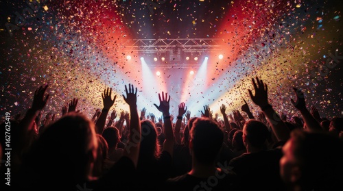 A dynamic concert arena overflowed with silhouetted fans, confetti falling, vibrant beams of red, blue, and yellow lights illuminating a euphoric crowd.