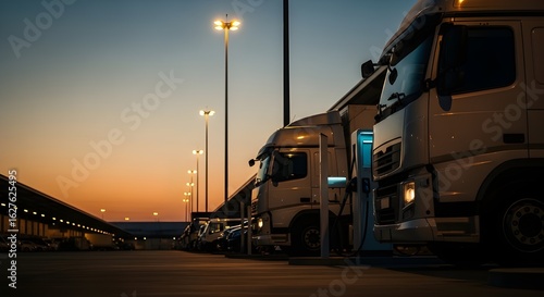Trucks parked at a charging station at dusk, illuminated by streetlights.