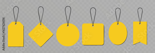 Set of empty yellow vector price tags and labels. PNG template of paper discount tags with black strings. Isolated on a transparent background.
