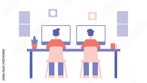 Two people working at desks with computers and decor in a light and airy modern office space