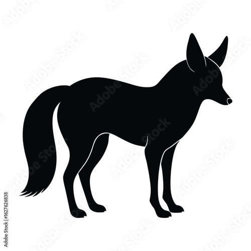 Black silhouette of a fennec fox standing on a white background animal