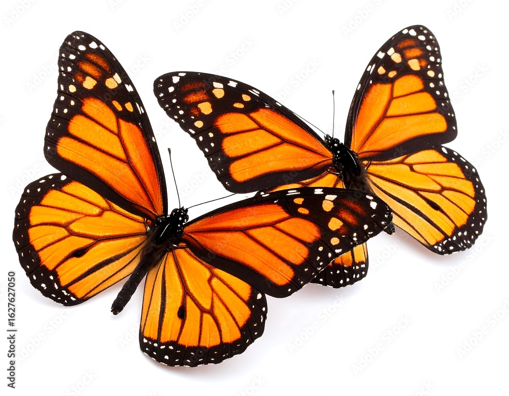 Fototapeta premium Two Monarch butterflies, orange and black wings, against white background