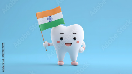 cute 3d render smiling white tooth holding Indian flag - Independence Day concept