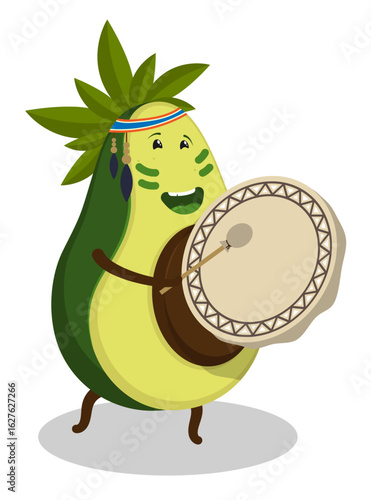 Cheerful shaman musician avocado fruit plays a musical melody on shamanic drum decorated with magical ornaments and amulets musical instrument. Cartoon vector isolated on white background