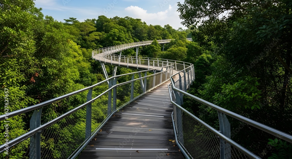 Obraz premium Elevated wooden walkway curves through lush green forest canopy under a bright blue sky.