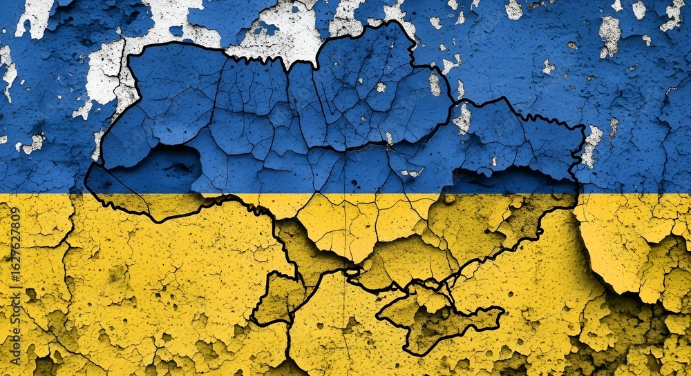 Obraz premium The Ukrainian flag with a cracked, distressed effect, showing the country's map.