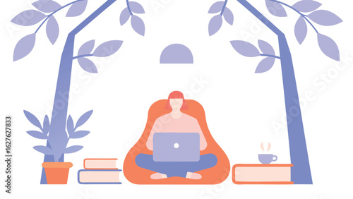 A person sitting on a beanbag chair with a laptop under trees in a peaceful and relaxing environment